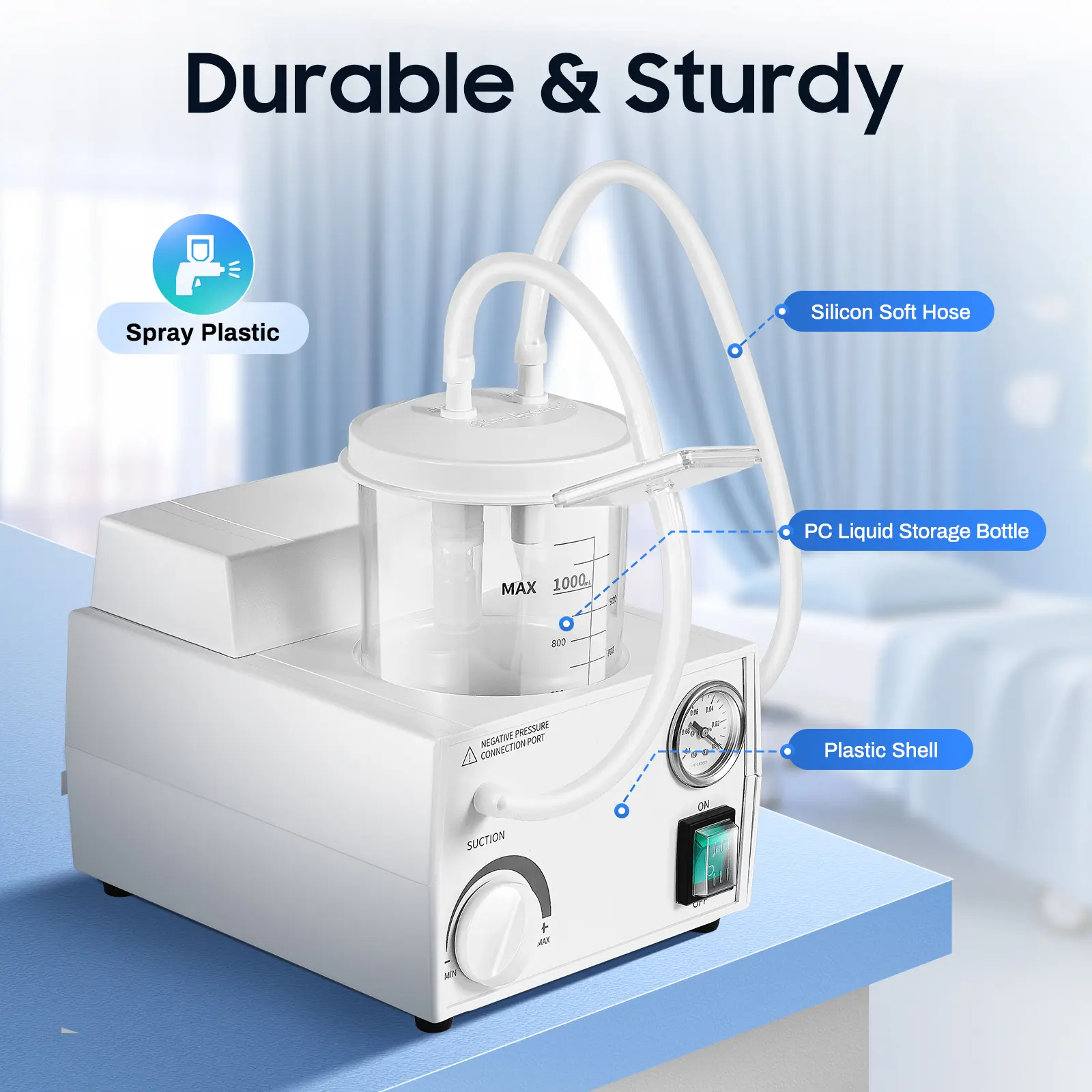 Portable Oral Suction Machine for Home Care, 110V Medical Aspirator with Quiet Operation & Adjustable Pressure, 1000mL PC Bottle, 250VA, US Standard Plug, Antibacterial, Plastic, 0.2-0.7Bar, Dental Cleaner, Silent, 1*English Manual, 3.55Kg, Emergency Room