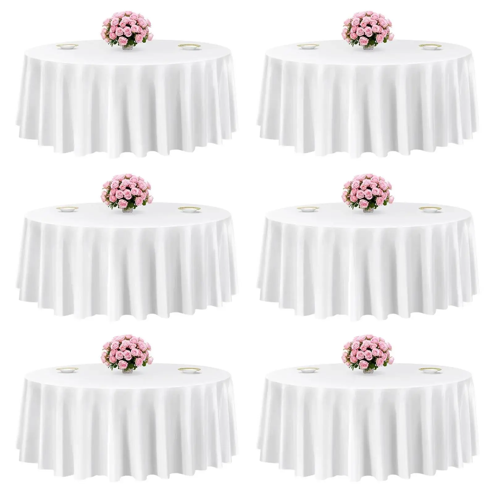 VEVOR Classic White Round Tablecloth Set (6 Pack), 120" Dia. Polyester Table Covers, Stain-Resistant, Wrinkle-Resistant, Machine Washable for Party Decor, Wedding, Banquet Decor