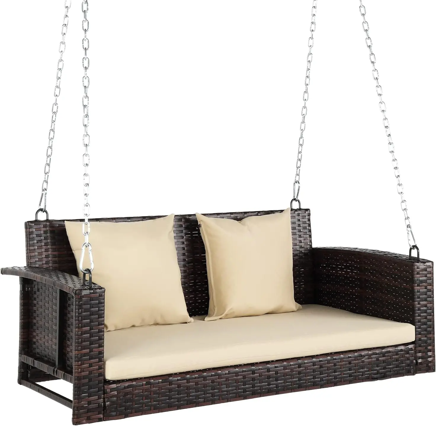 VINGLI 4 ft Size Heavy Duty 800 LBS Wicker Look Hanging Porch Swing with Rattan Weave, Cushions & Long Chains, Outdoor Bench for Garden, Yard, Hanging Porch Swings