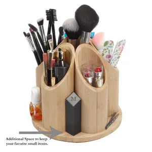 360° Rotating Bamboo Desktop & Vanity Organizer | 5-Compartment Sustainable Multi-Purpose Storage Carousel