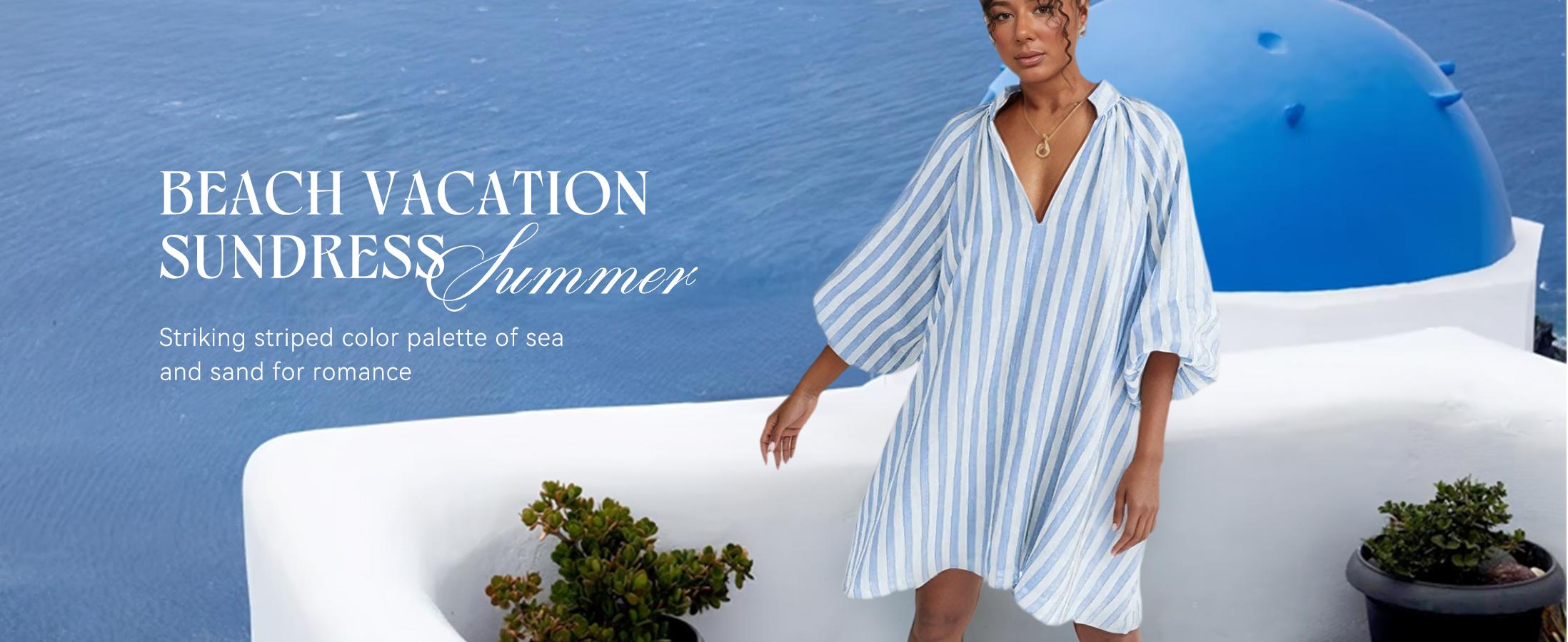 CHARTOU Women Mini Dress Summer Striped Beach Vacation 3/4 Sleeve Boho Chic Outfits Tunic Shift Dress CHARTOU Women Mini Dress Summer Striped Beach Vacation 3/4 Sleeve Boho Chic Outfits Tunic Shift Dress
