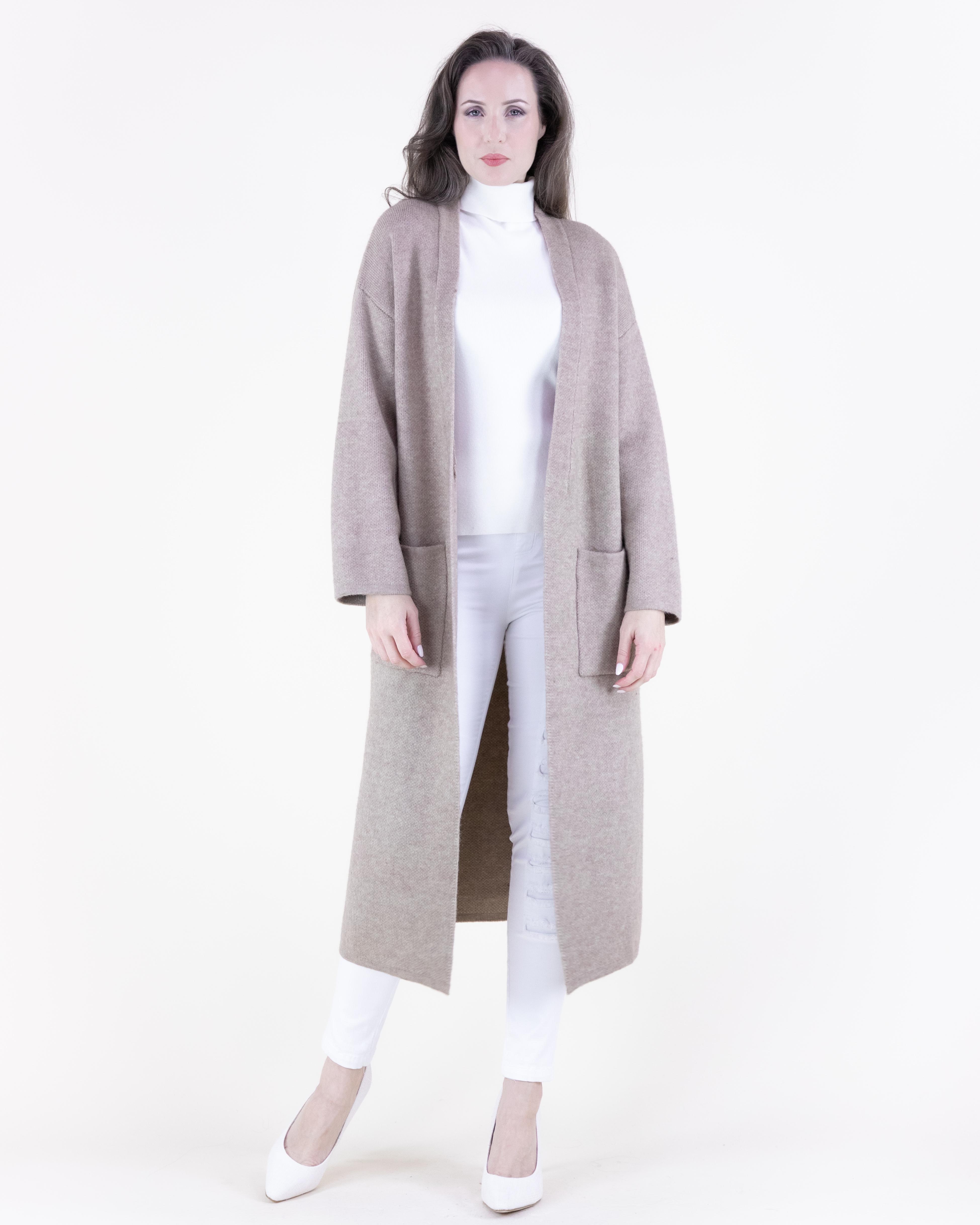 Classic Long Coatigan with Front Pockets - Soft Knit Blend for Warmth & High-Quality Look - Open Front Design - Two Large Pockets - Knee-Length Silhouette - Full-Length Sleeves - Ideal for Casual Outings & Layering - Available in Khaki, Black, White