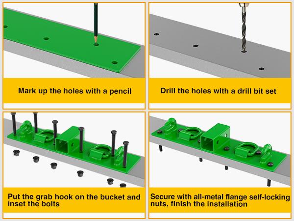 Nilight 3/8" Tractor Bucket Grab Hooks with 1/2" Tie Down Ring and 2" Receiver Grade 70 Forged Steel Bolt-On for John Deere Compact Tractor Bucket RV UTV Truck Max 4700LBS, Green Parts Vehicle Plate
