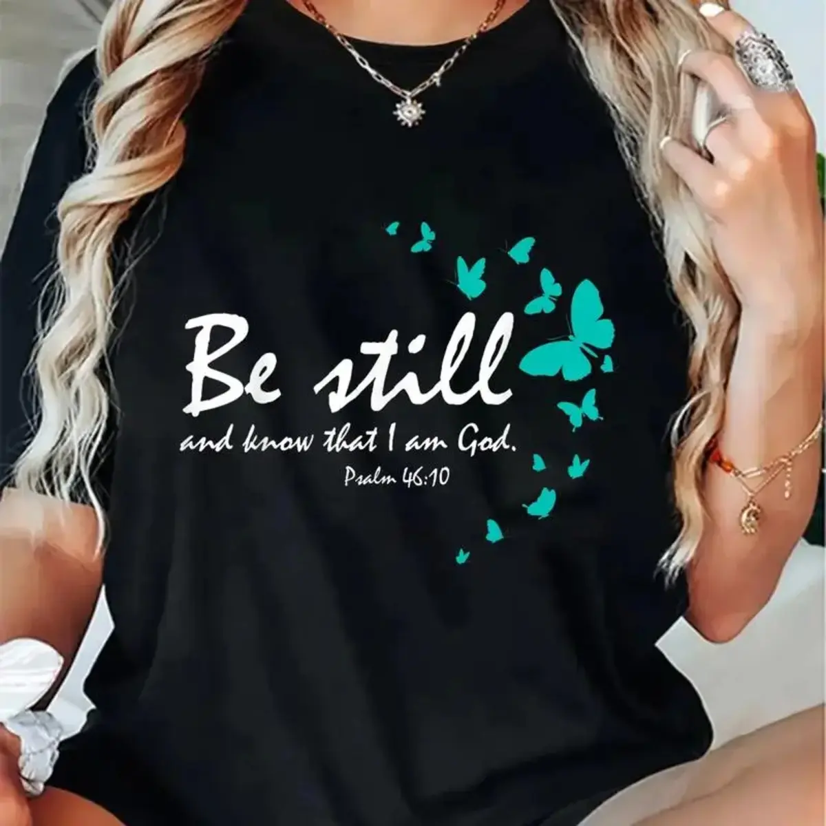 Unisex Christian Bible Verse Gifts Religious Butterfly Be Still God T-Shirt Casual Graphic Printed Vintage Tshirt Cargo