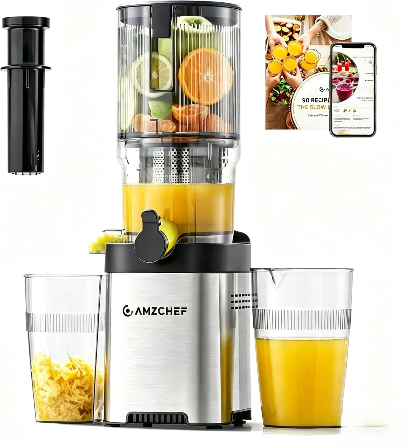 AMZCHEF Cold Pressed Stainless Steel Countertop Juicer - 200W Slow Pressing Fruit Juicer with Large Chute, Reverse Function, Anti-Drip Cover, Juice Cup, Pomace Cup & Cleaning Brush, Cold Pressed Juicer, Juice Extractor Machine