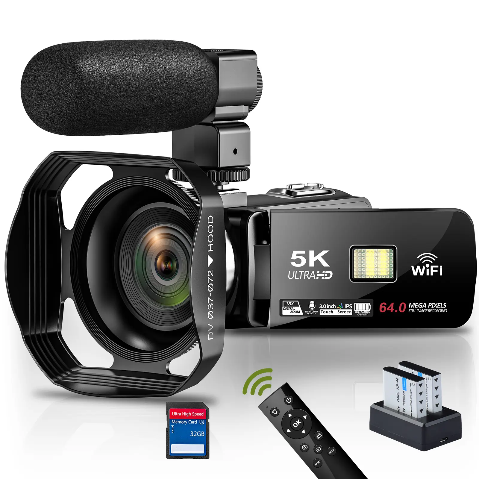 5K 64MP Video Camera with Touch screen Infrared Night Vision and WiFi, 18X Zoom camcorder Includes Microphone and 32GB SD Card Dual Lens camcorder digital video outdoor recorder
