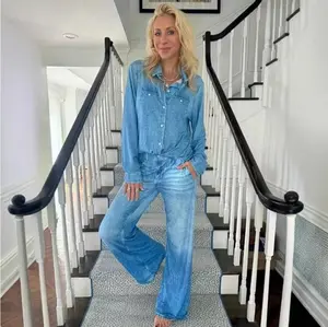 2026 New Fashion Collection Denim Dreams Pajama Set For Women,Soft Washed Denim Style Loungewear Set,Cozy Pajama Top And Bottoms For Relaxed Sleep