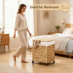 Handwoven Laundry Hamper with Wheels, Natural Water Hyacinth Rolling Laundry Basket with Lid and Removable Liner（245）