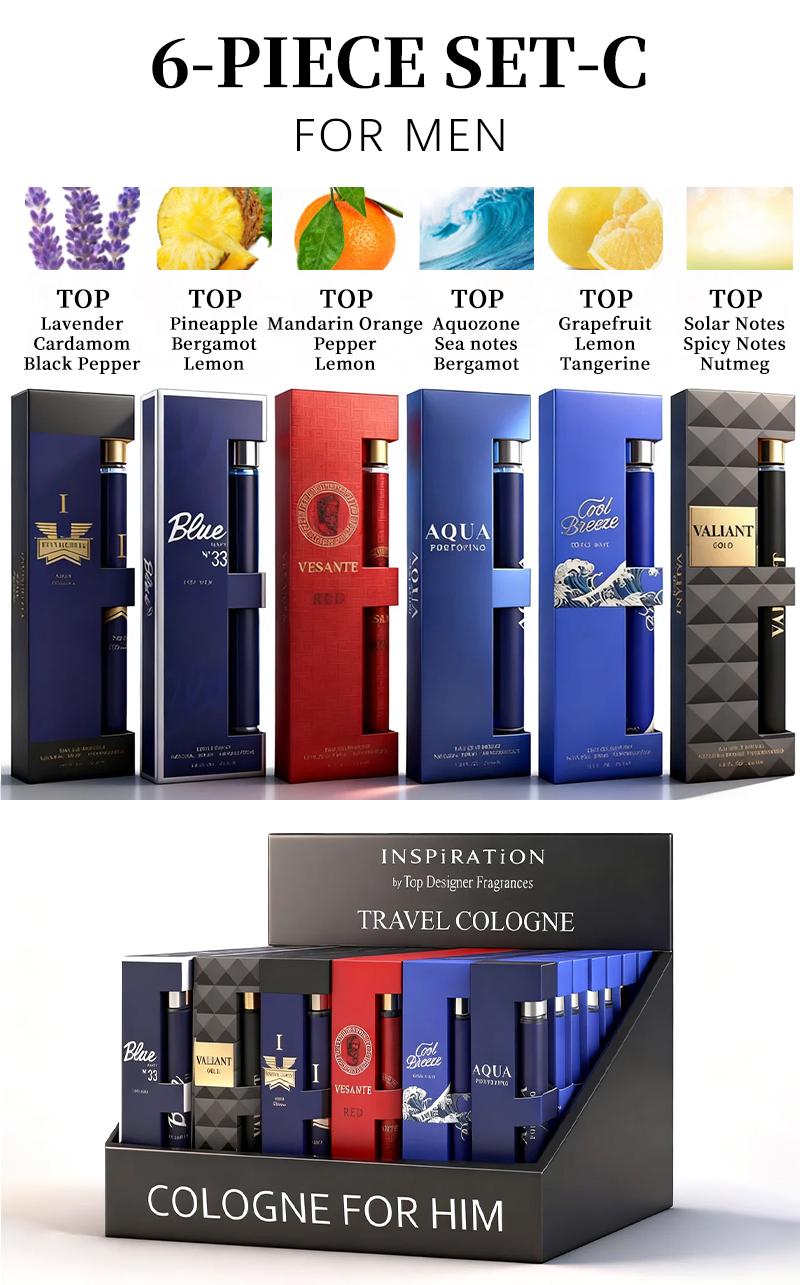 6-Piece Set Men's Eau De Toilette Fragrance，Cologne For Men，Travel Size Perfume，Long-Lasting ，6 Different Scents，Perfect For Dating, Daily Life, Parties, Gift Giving，1.18 fl oz/35 ml Each Bottle