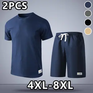 New Summer Oversized Men’s Short Sleeve Set, featuring a plus-size stretchy crewneck T-shirt and plus-size stretchy shorts, made from comfortable, skin-friendly fabric—perfect for everyday lounging and outdoor activities.