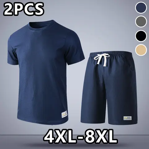New Summer Oversized Men’s Short Sleeve Set, featuring a plus-size stretchy crewneck T-shirt and plus-size stretchy shorts, made from comfortable, skin-friendly fabric—perfect for everyday lounging and outdoor activities.