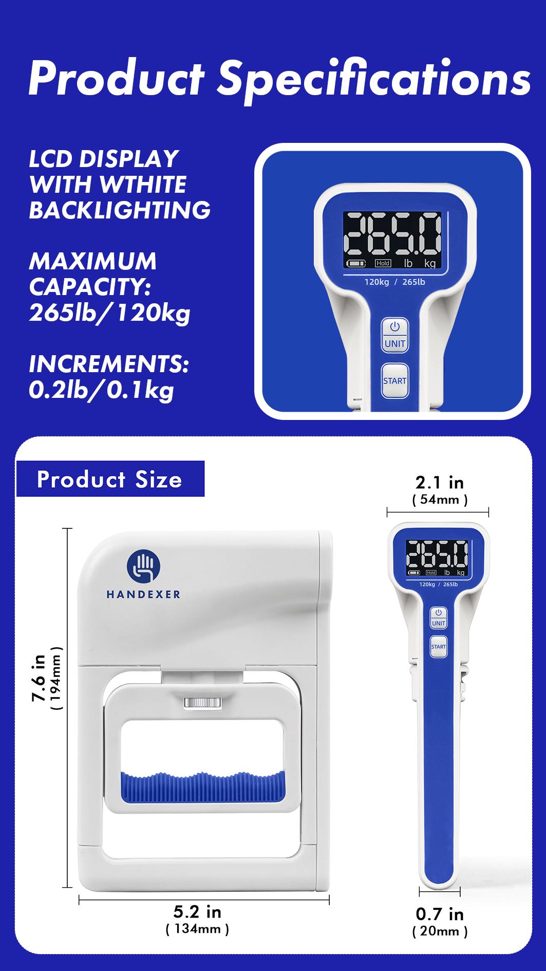 Handexer Digital Hand Dynamometer 265lb/120kg - Grip Strength Tester & Hand Grip Strengthener with LCD - Adjustable Hand Grip for Climbing, Rehab, Home Gym & TikTok Challenge