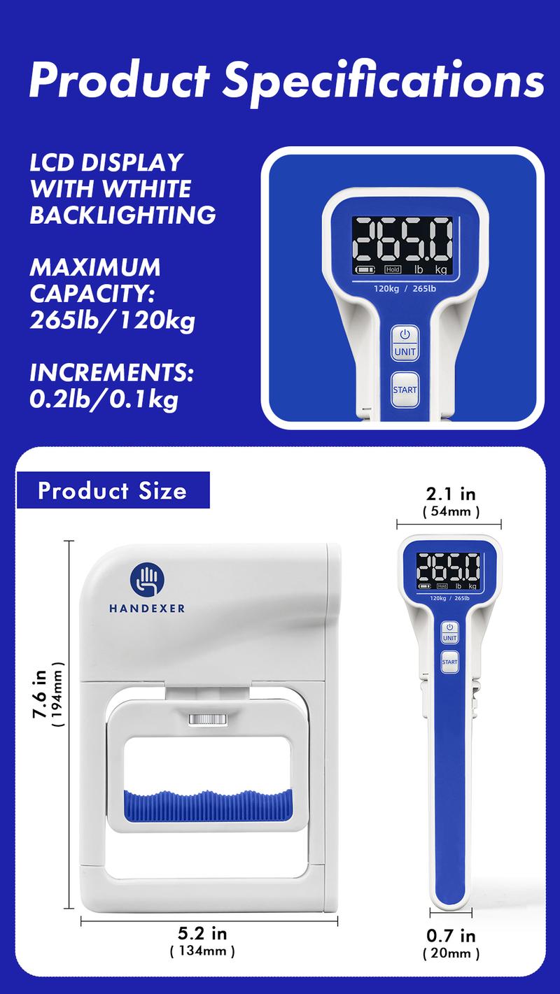 Handexer Digital Hand Dynamometer 265lb/120kg - Grip Strength Tester & Hand Grip Strengthener with LCD - Adjustable Hand Grip for Climbing, Rehab, Home Gym & TikTok Challenge