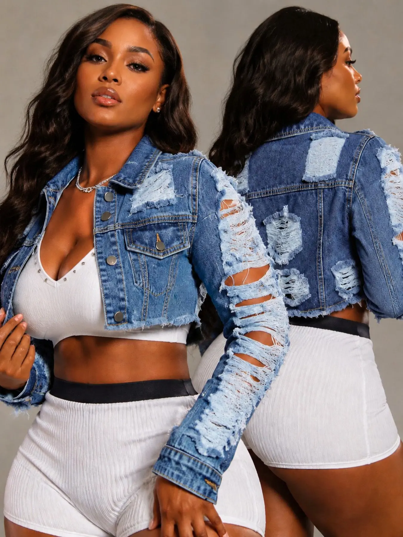 Women's Collared Cotton Blend Cropped Denim Jacket - Long Sleeve, Button Down, Distressed Ripped, Raw Frayed Hem, 1-Piece Street Style Tops Casual Outerwear