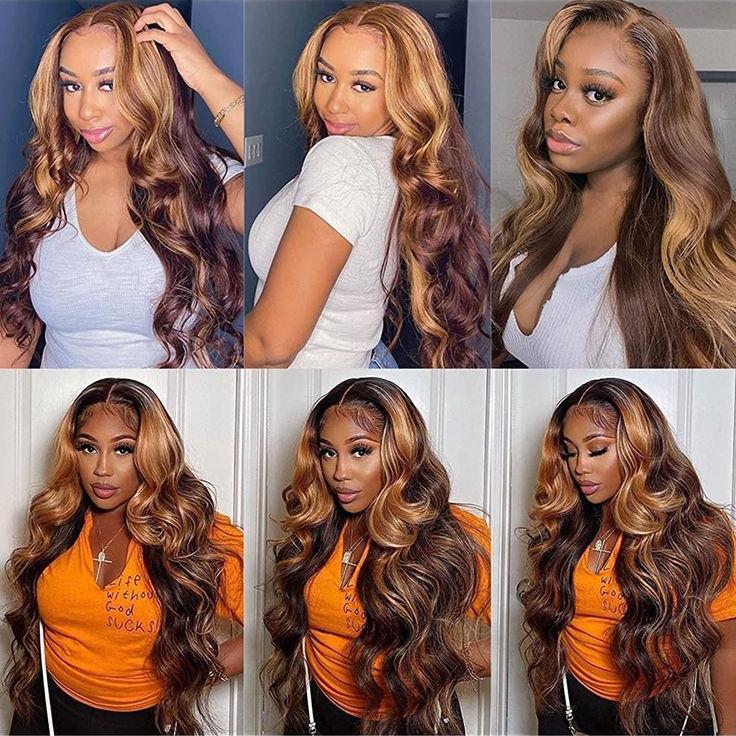 【30 Inch Only $89】Anyweek Honey Blonde Ombre Lace Front Wig Human Hair Highlight Body Wave 13x6 Lace Front Wigs Pre Plucked 180 Density Glueless HD Lace Frontal Wig for Women 4/27 Colored