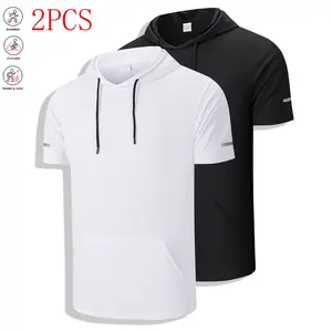 Unbranded Men's 2-Pack Short-Sleeve Sports Hooded T-Shirts, Solid Color, Kangaroo Pocket, Breathable Quick-Dry Fabric, Suitable for Running, Workouts
