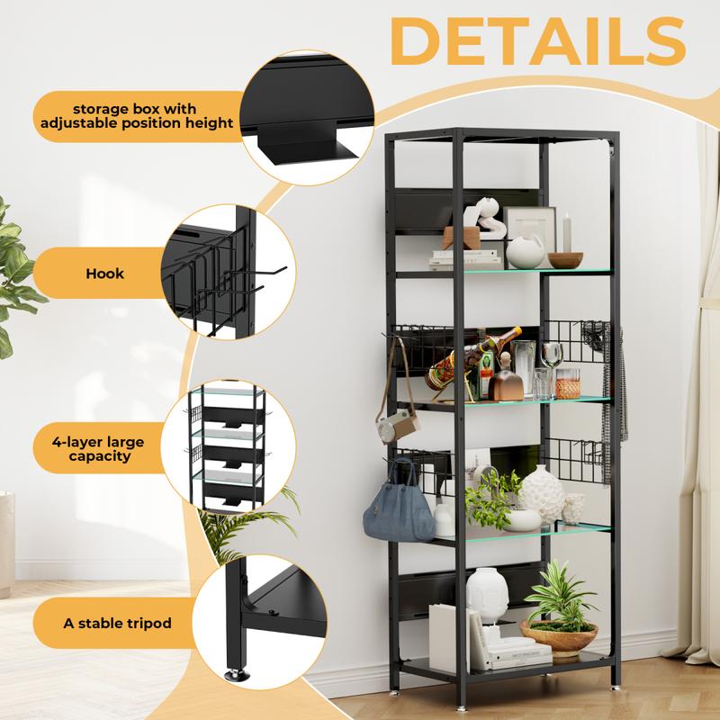 4-Tier Glass Display Shelf with RGB Lights, LED Lighted Curio Cabinet with Adjustable Storage Box & Hooks, Metal Frame Standing Shelf for Collectibles, Plants, Books, Living Room, Bedroom, Office