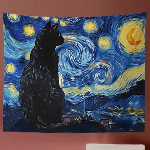Van Gogh Starry Night Tapestry - Psychedelic Hippie Style, Black Cat Pattern for Dorm/Living Room,bedroom decorative accessories,chill room accessories roo Hanging Lightweight Wall, bedroom decor mens room decor cheap bedroom decor trippy room decor