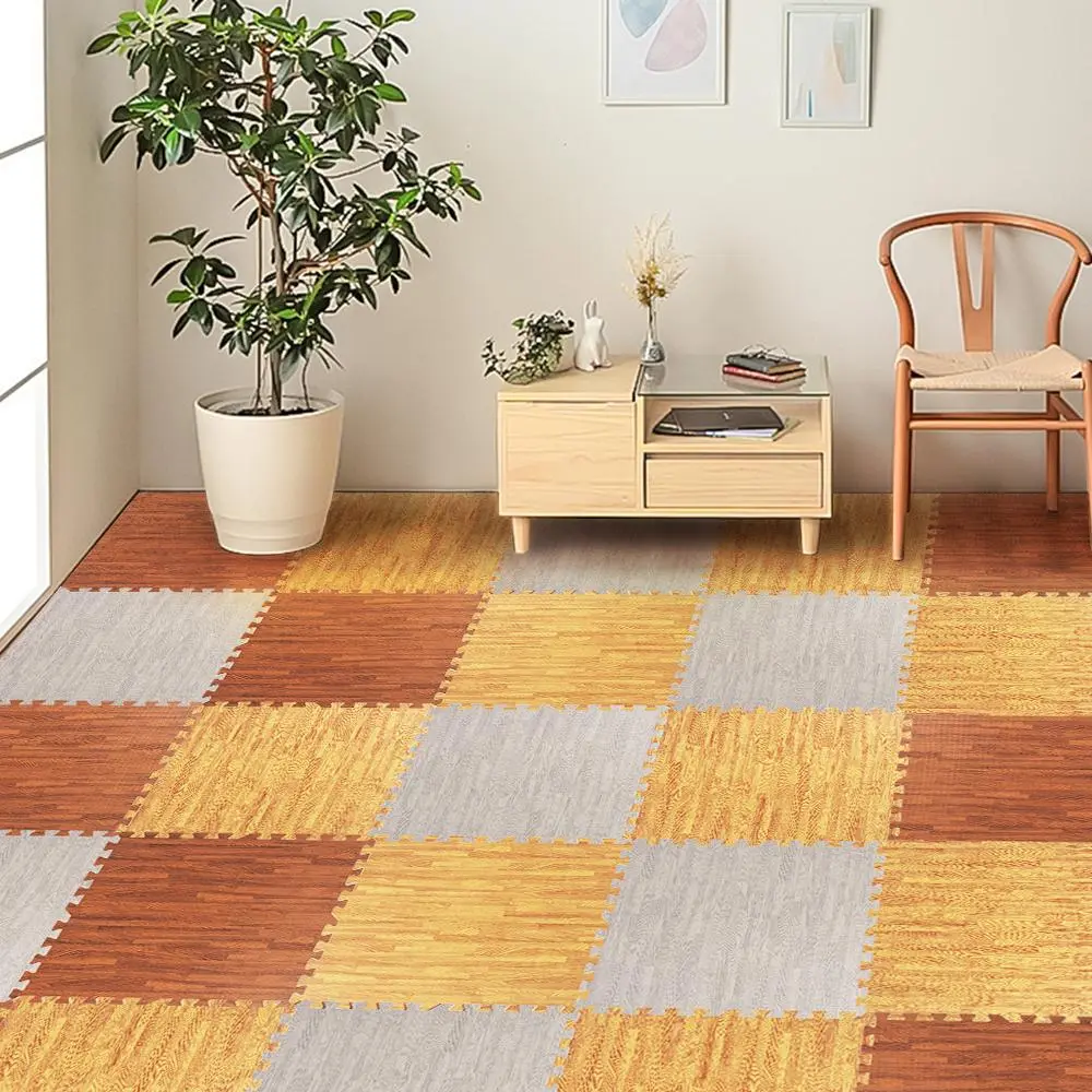 Interlocking Foam Floor Tiles, 24/42PCS Wood Grain EVA Mat Set,  Waterproof Protective Flooring for Home Gyms, Apartments & Yoga, Indoor, 24"X24", Apartment, Snap Together, Functional Decor, Modern, Large Area, High Density Eva, Durable