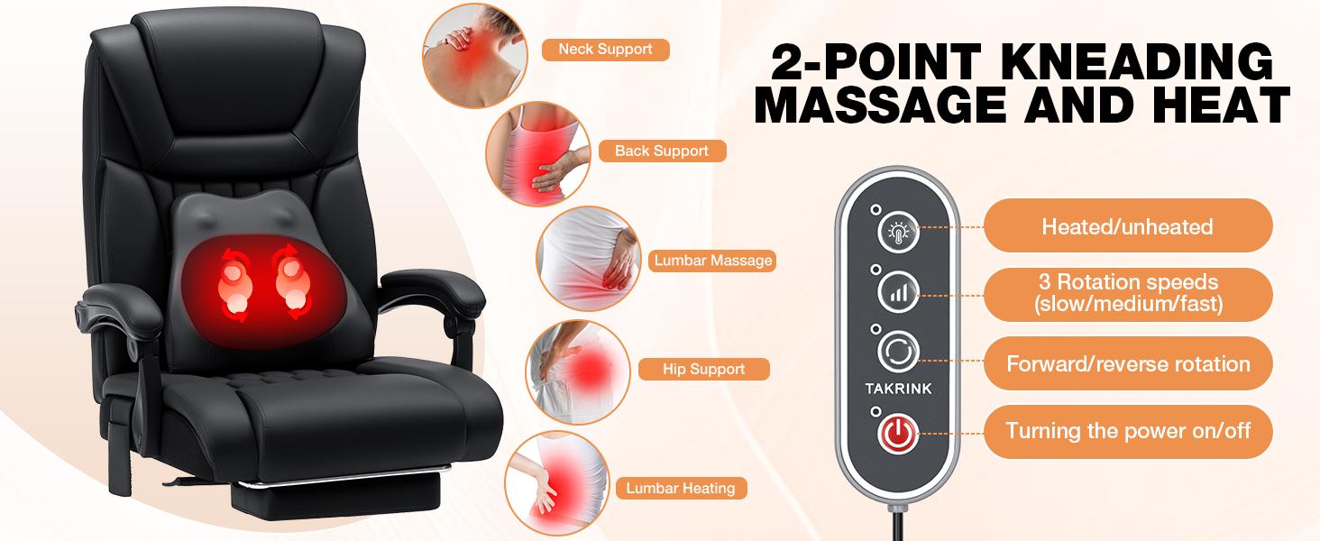 HOFFREE Kneading Massage Office Chair with Heat 500lbs Ergonomic Desk Chair with Footrest and Lumbar Support Pillow PU Leather Executive Computer Chair for Heavy People (Black)