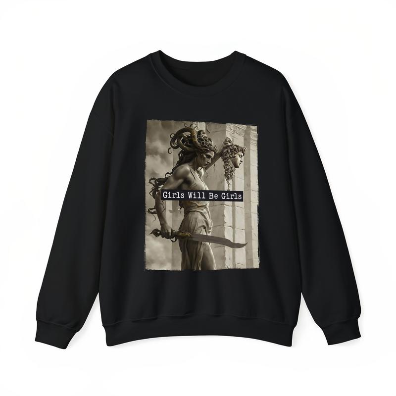 Mythology - Inspired T - Shirt: "Girls Will Be Girls" with a Powerful Medusa - like Figure, Blending Ancient Legends and Modern Attitude