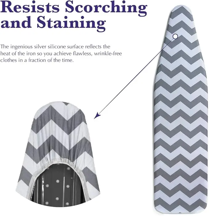 Epica Ironing Board Cover and Pad - Standard Size 15x54 Padded Ironing Board Covers, Heat Reflective Coating, Thick Pads, Scorch & Stain Resistant Iron Board Cover with Padding Grey Chevron