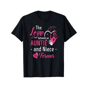 Women's Fitted Geometric Short Sleeve T-Shirt - Soft Cotton Graphic Tee with "Love Between Auntie & Niece" Hearts Print, Black with Pink Lettering, Lightweight Breathable Fabric, Casual Round Neck Top for Family Bonding, Birthday Gift Comfy Oversized