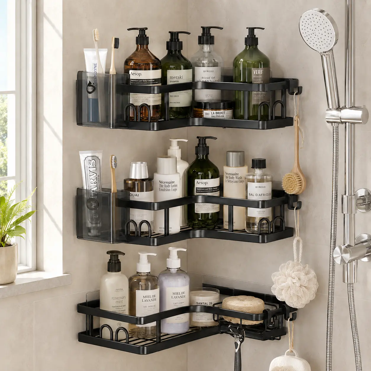 PHANCIR 5 PCS Corner Shower Caddy, No Drilling Stainless Steel Shower Storage Rack with Hooks & Toothpaste Holder for Bathroom, Black