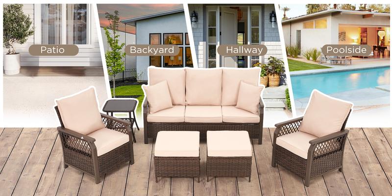 EROMMY Patio Furniture Swivel Chair Set - 6 Piece Outdoor Rattan Set with Sofa Air Chair Footstool & Side Table for Garden Backyard Porch Brown Khaki Beige Grey