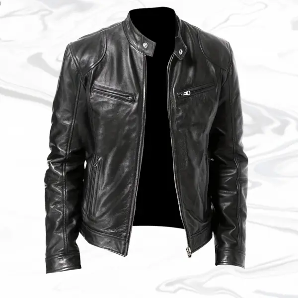 Men's Fitted Woven Faux Leather Long-Sleeve Biker Coat - Stylish Stand Collar Glossy Top, Plain Casual Streetwear, Spring Daily Apparel, Father's Day Gift