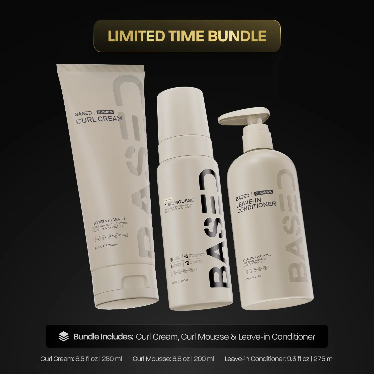 BASED Hydration Definition Volume Trio | Leave-In Conditioner, Curl Cream, Curl Mousse Bundle | For Hydrated, Defined, Voluminous Curls | Science-Backed