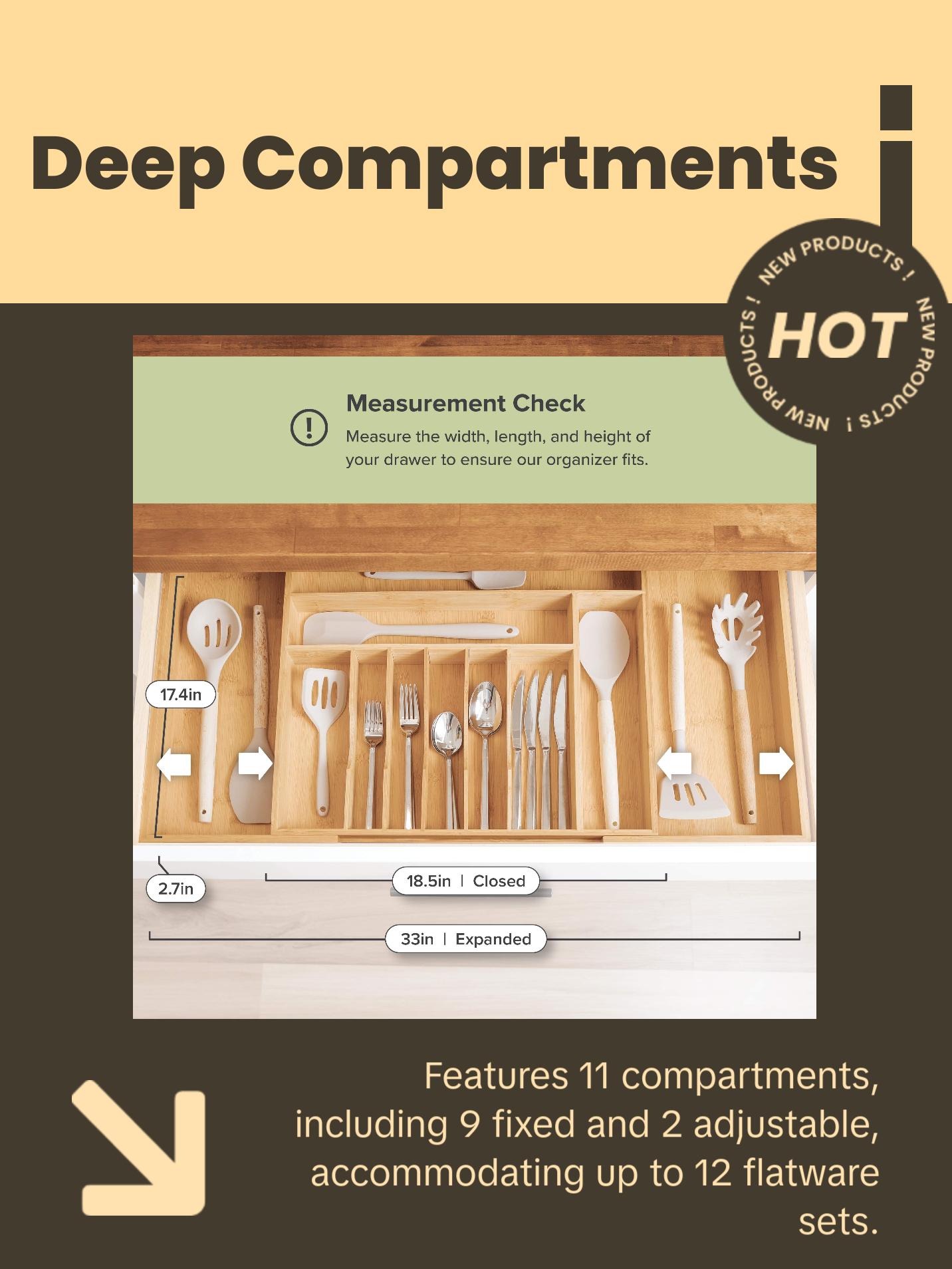 Premium Silverware, Flatware and Utensil Organizer for Kitchen Drawers, Food-Safe Contract Grade, Expandable from 18 to 33 In, Natural Bamboo Boxes Adjustable Premium Silverware, Flatware and Utensil Organizer for Kitchen Drawers, Food-Safe Contract Grade, Expandable from 18 to 33 In, Natural Bamboo Boxes Adjustable