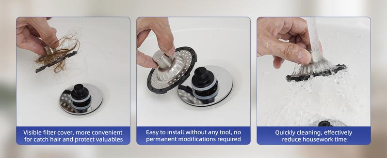 Hibbent Bathtub Drain Stopper with Visible Top Hair Catcher Innovative 3 in 1 Pop-up Bathtub Strainer Fit for Standard 1.5 to 2.4in Drain Hole with Detachable Stainless Steel Filter Basket Chrome