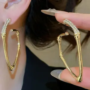 S925 Sterling Silver Hypoallergenic Bamboo Joint Hoop Earrings for Women Rhinestone Inlaid Viral TikTok Trendy Fashion Jewelry for Daily Wear Office Work Party Date Night Wedding Bridesmaid Birthday Gift for Girlfriend Mom Wife Best Friend