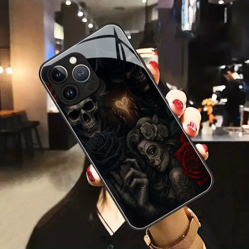 A stylish phone case featuring Gothic skull and midnight rose patterns, compatible with iPhone 17, 16, A stylish phone case featuring Gothic skull and midnight rose patterns, compatible with iPhone 17, 16,