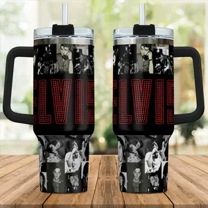 Elvis Presley 40oz Insulated Tumbler With Handle, Gift for The King of Rock and Roll, Retro Rock Music Tumbler, Vintage Psychedelic Music Fan Cup, Rock Legend Artwork Stainless Steel Tumbler, Musician Fan Drinkware