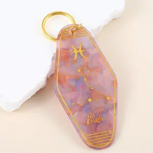 1pc Constellation Keychain Compatible with 12 Astrological Zodiac Signs – Glitter Acrylic Retro Motel Style Keyring with Chinese Characters & English Letters, Round Keychain Gift Accessory for Bags, Keys, Car Keys, Chinese New Year Gift