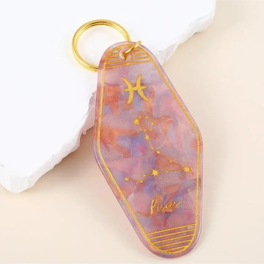 Retro Style Zodiac Keychain, Durable Glitter Motel Tag with Chinese-English Mix Letter Print for Bags, 12 Astrological Zodiac Signs, Dual Language Art, Edc Gear