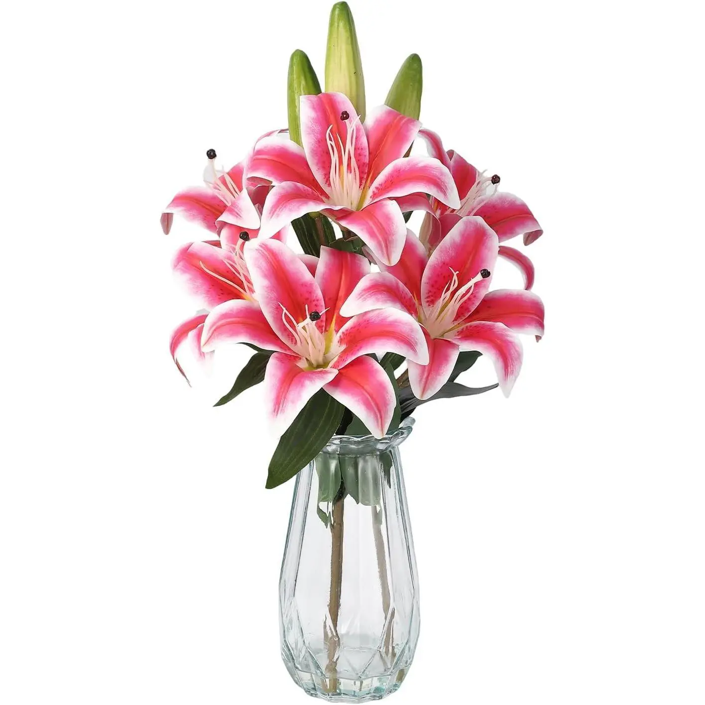 Gaomon Real-Touch Photorealism Tiger Lily Artificial Bouquet with Vase (3 Pieces, 3 Stems, 6 Rose Red Flowers) - Fade-Resistant, UV-Resistant Floral Decor for Home Table Centerpieces, Cemetery Tributes, Gift