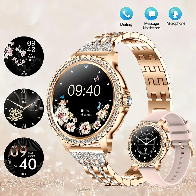 Rose Gold IP68 Women's Smart Watch 2026 New, DiamondDial & Diamond-Studded Strap, 1.32" HD Touchscreen FitnessTracker, Bluetooth Call Answer/Reject, Sleep Monitor, 100+ Sport Modes, Extra Strap
