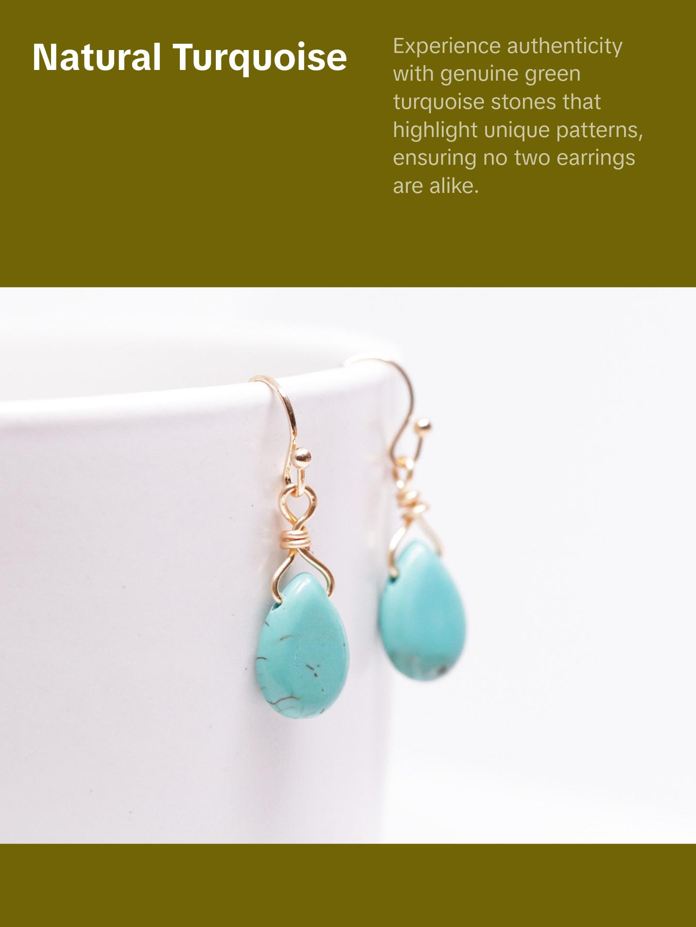 Natural Green Turquoise Teardrop-shaped Drop Earrings, Genuine Gemstones, Daily Earrings