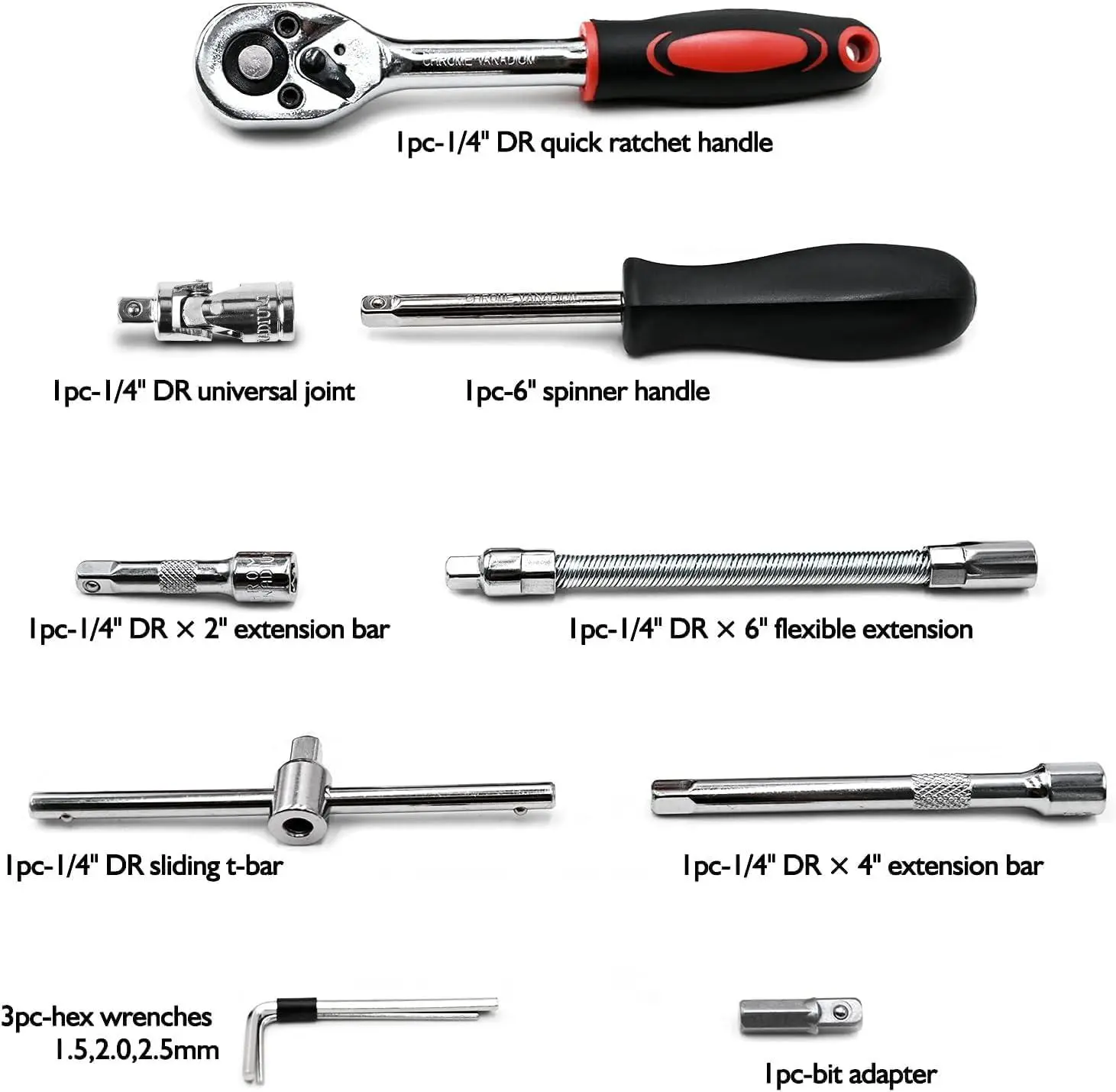46-Piece 1/4 Inch Ratchet Socket Wrench Complete Tools Set, Portable Hand Repair Kit with Screwdriver Bits, Extension Bars for Car, Motorcycle Maintenance, 46-Piece Set