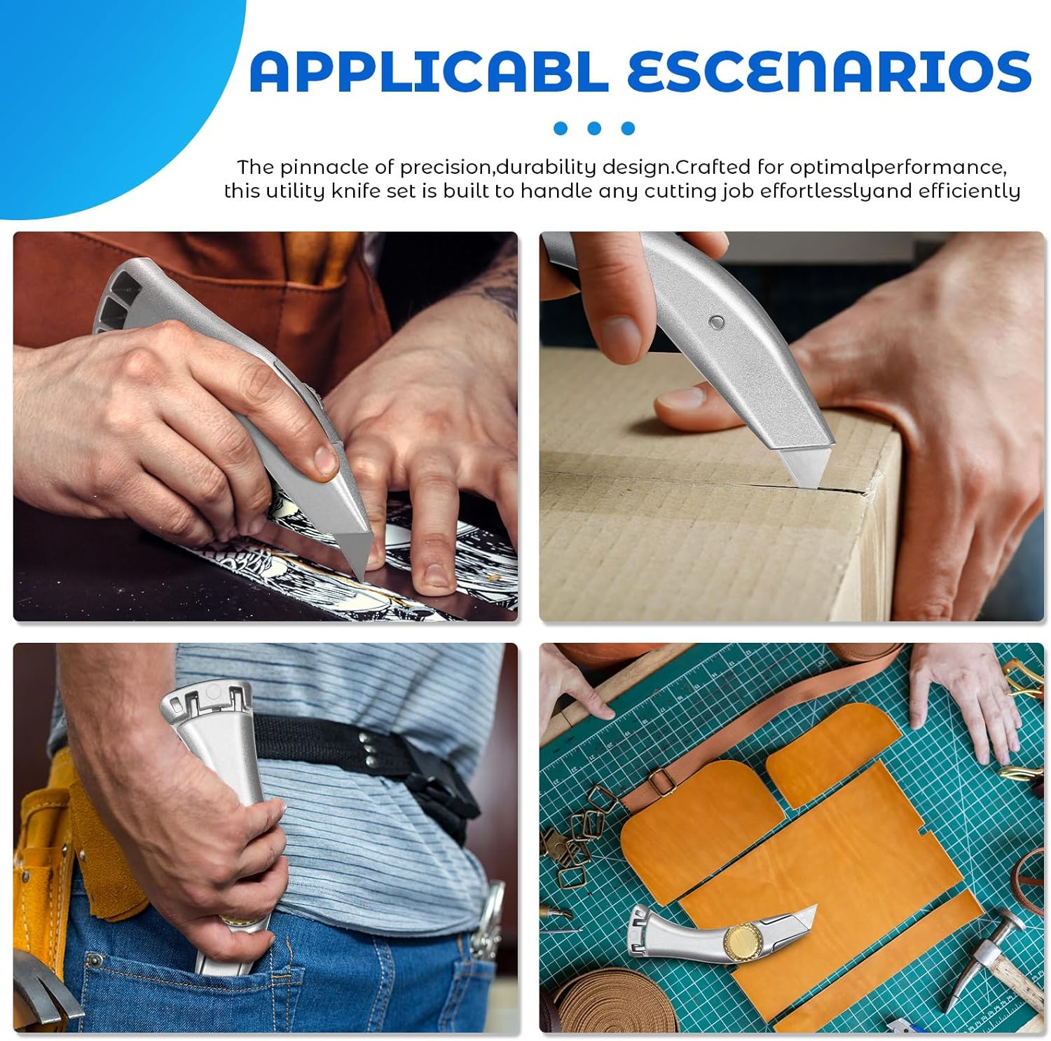 2PCS Silver Fixed Blade Roofing Knife Utility Knife with 3 functions for 6 blades Box Cutter with Holster Belt Clip Roofing Tools for Carpet, Outdoor Indoor Construction Marking