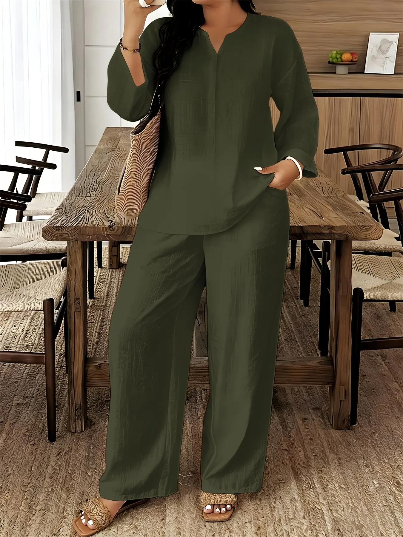 Plus Size, Plus-size Women's Long-sleeved Top and Long Pants 2pcs Set, Featuring Digital Printing, Machine-washable and Hand-washable, Made of -like Fabric, Elegant and Comfortable, Suitable for Commuting, Home Wear and Dates Summer Outfit Lounge