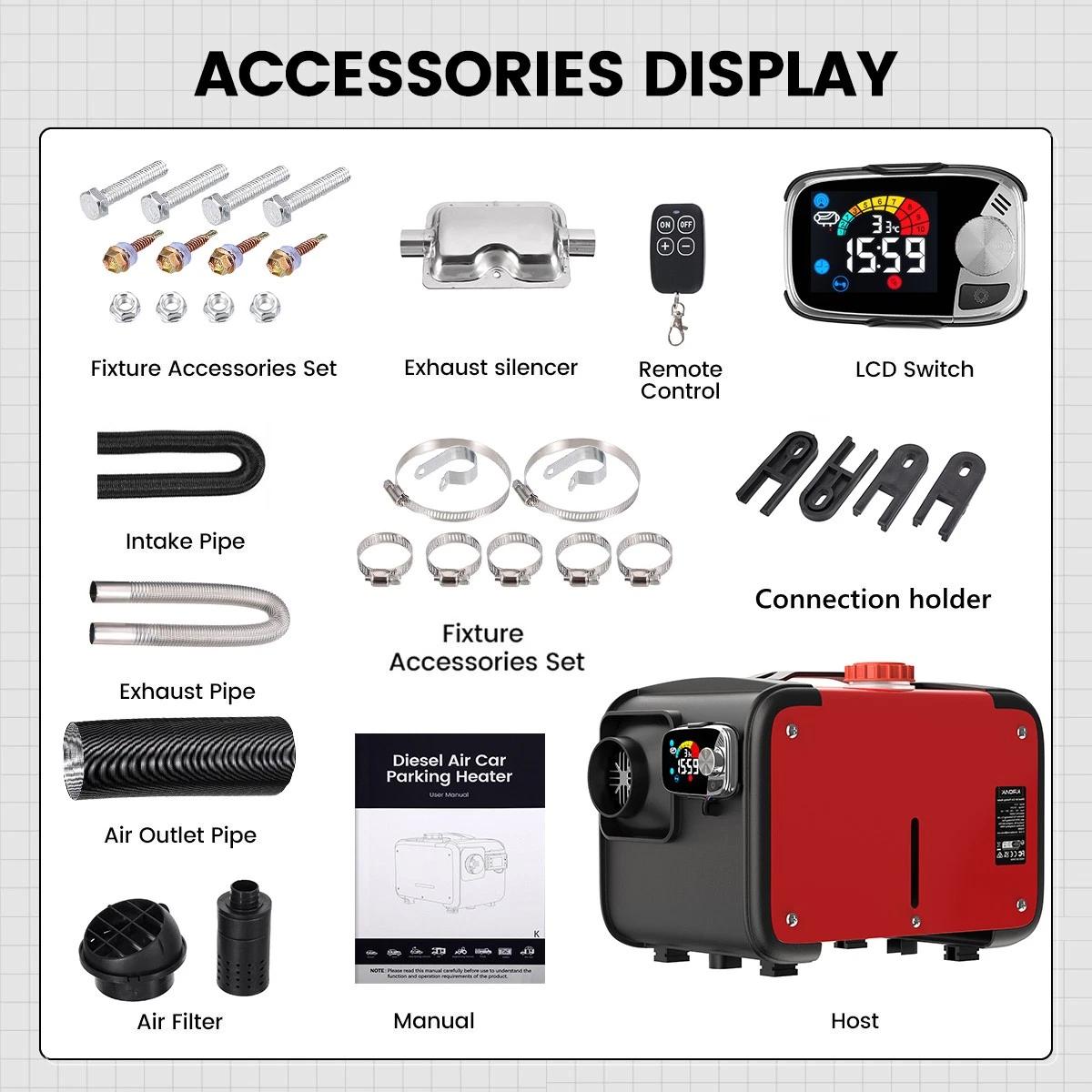 KROAK ALL IN ONE 8KW 12V 24V Diesel Air Heater Thermostat with 240V Adapter for Van RV Digital Display Remote Control