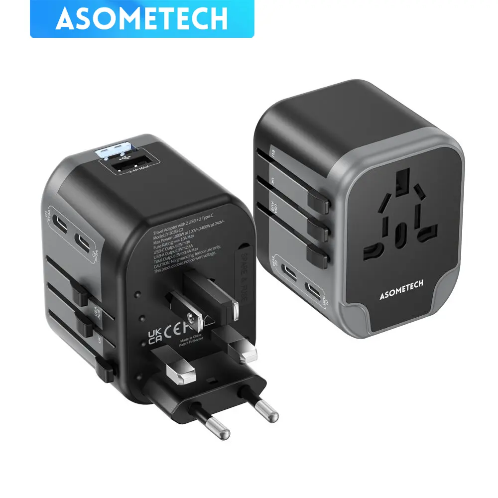 ASOMETECH Universal Travel Adapter, Portable International Power Plug Adapter Charger,2 USB-C & 2 USB-A Worldwide Adapter for US/UK/EU/AU,Black tiktokshopspringglowup