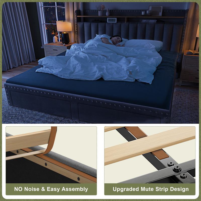 Raybee Luxury Bed Frame with 2 Storage Drawers & 2 Tiers of Shelves, No Mattress, Platform Upholstered Bed Frame for Full, Queen, King with Wood Slats, Holds 900LBS, Noise Free,No Box Spring Needed, Gray, Beige