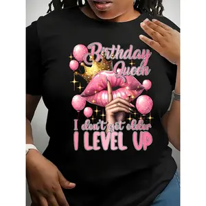Plus Size Birthday Queen Print Crew Neck T-Shirt, Casual Short Sleeve T-Shirt For Spring & Summer, Women's Plus Size Clothing