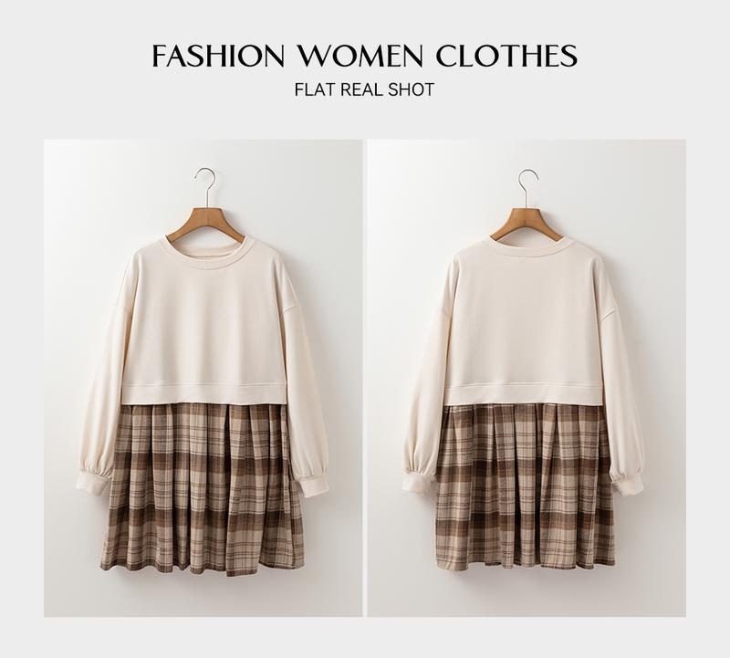 Asvivid Women's Plaid Patchwork High Waist Sweatshirt Mini Dress Roud Neck Long Sleeve Tshirt Dresses for Casual Wear Fall Fashion