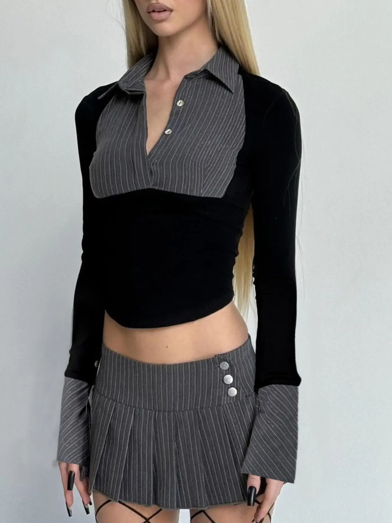 Women Pinstripe Patchwork Long Sleeve Crop Top Collared V Neck Button Shirt Blouses Slim Fit Knit Top Elegant Office Siren Style Y2K Streetwear Fashion Casual Button Front Sexy Business Casual Top for Fall Outfits